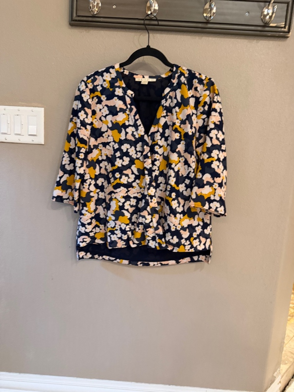 cooper & ella Navy Floral V-Neck Blouse with Cream and Yellow Accents